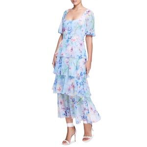 NWOT Marchesa Notte Tiered Floral Puff Sleeve Dress Blue Pastel size 6